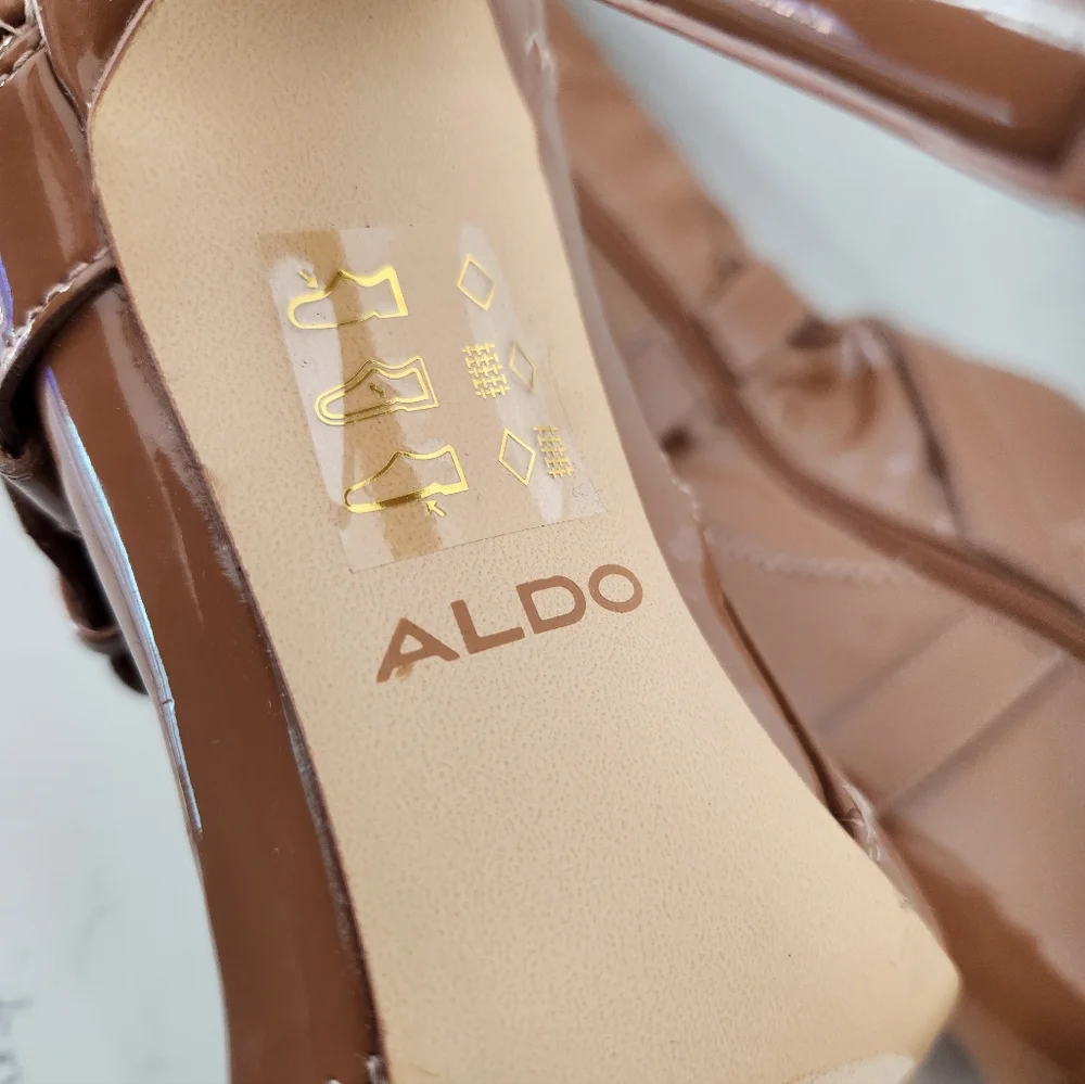 Aldo Women's Thigh High Patent Leather Stilleto Heels Boots Tan Size 5